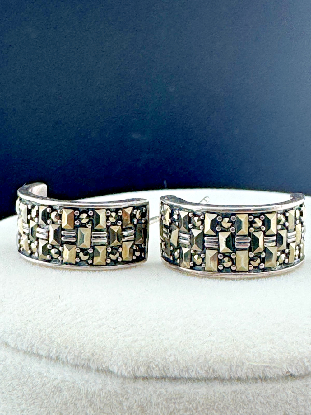 Sterling Silver Marcasite Half-Hoop Earrings, Thailand 925